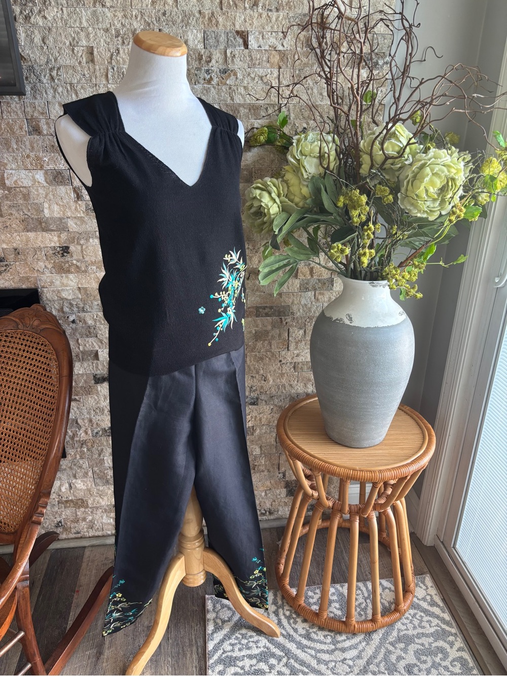 Dana Buchman Black Embroidered Sweater and Trousers with Teal & White Accents